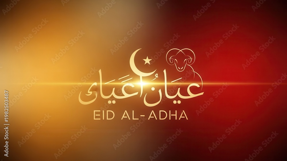 Naklejka premium Radiant Eid al-Adha greeting with Arabic calligraphy, crescent moon, star, and ram illustration