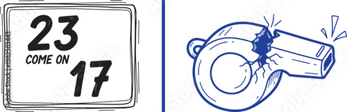 Hand drawn doodle illustration of a scoreboard with numbers and a broken blue whistle representing sports frustration and game over