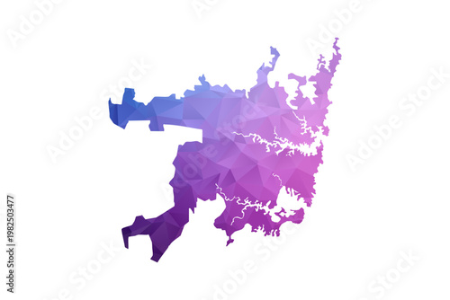 Sydney Map - Polygon Style Vector Illustration in Blue and Purple Gradient, Low Poly Geometric Design, Isolated on White Background, Ideal for Infographics and Learning Materials.