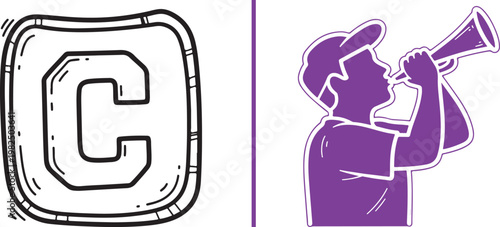 Hand drawn letter C and purple silhouette of man blowing horn vector illustration for communication and sports cheering