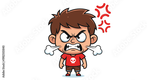 Very angry little boy with steam coming out of ears and red anger symbols cartoon illustration