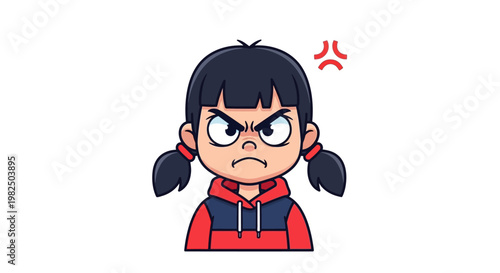 Angry little girl with pigtails in hoodie, scowling with intense glare, cartoon character vector