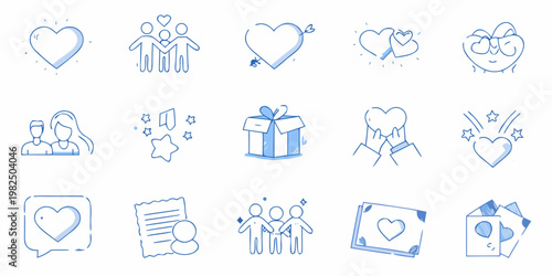 Collection of hand drawn blue line icons representing love and relationships