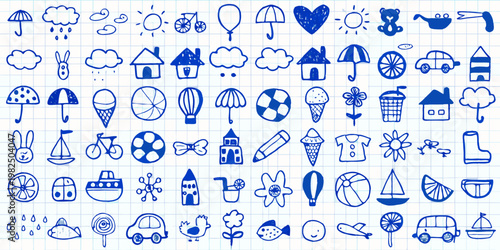 Collection of hand drawn blue doodles on lined paper background