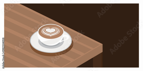 A white cup of latte art with a heart design sits on wood
