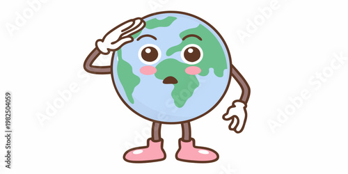 A surprised earth character salutes with a worried expression