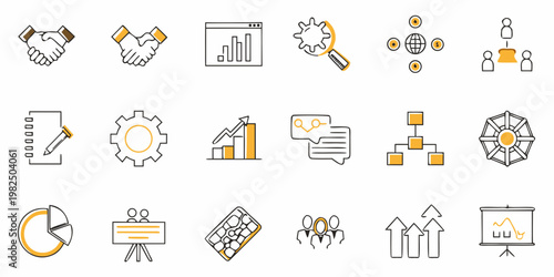 Business and technology icons depicting collaboration growth and data analysis
