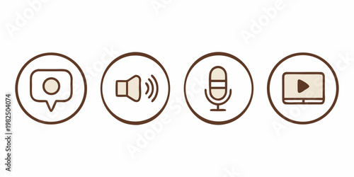 Four communication icons in brown outlines representing chat sound voice and video