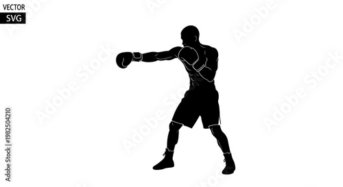 Silhouette of a boxer throwing a punch in a fighting stance, isolated on white.