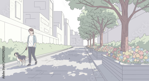 Woman walking dog on leash down tree-lined urban path with buildings