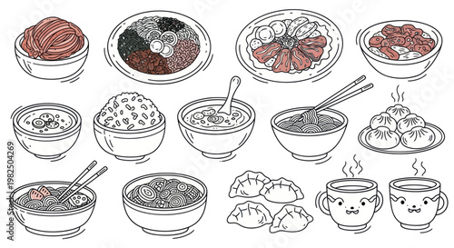 Asian Food Doodle Collection - Noodles, Dumplings, Rice, Soup, Bowls
