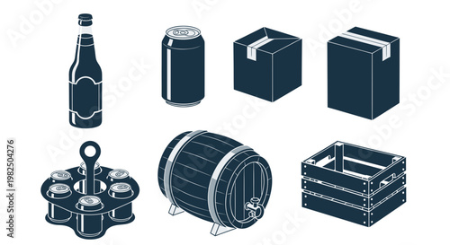 Beer Packaging and Storage Icons: Bottle, Can, Barrel, Crate, Carrier
