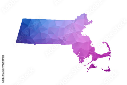 Massachusetts Map - Polygon Style Vector Illustration in Blue and Purple Gradient, Low Poly Geometric Design, Isolated on White Background, Ideal for Infographics and Learning Materials.