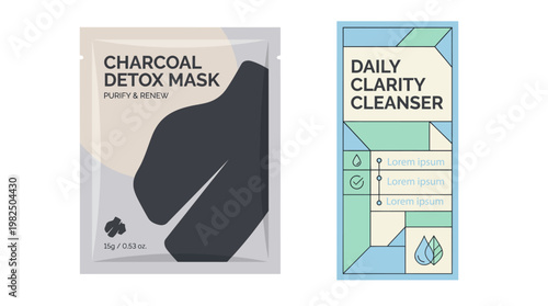 Modern cosmetic product packaging mockup design for premium advertising campaigns, showcasing charcoal mask and daily cleanser illustrations.
