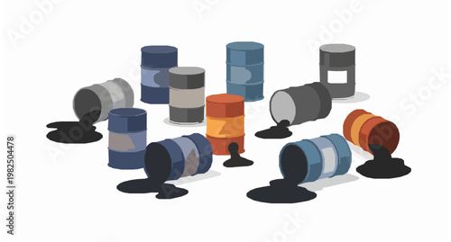 Leaking Oil Barrels Flat Vector Illustration for Environmental Pollution and Industrial Fuel Industry Concept