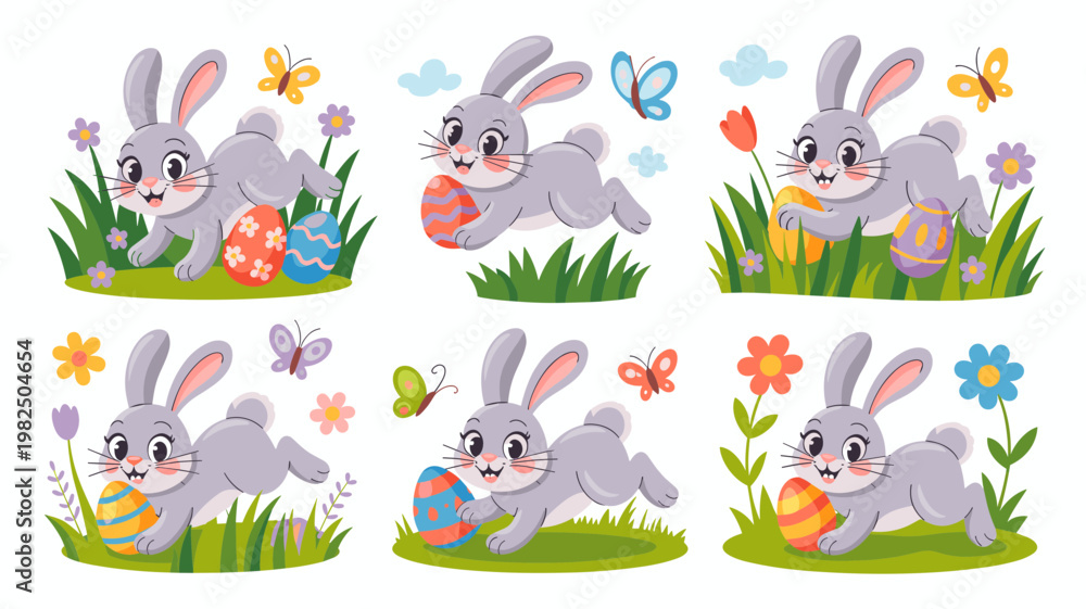 Naklejka premium Cute Easter Bunnies Vector Set Running Rabbits with Eggs and Spring Elements