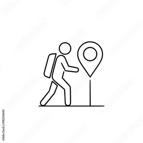 A person with a backpack approaching a location pin Vector, illustration