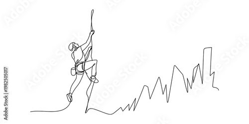 A single continuous line drawing of a person rock climbing up a steep mountain with determination. Vector, illustration