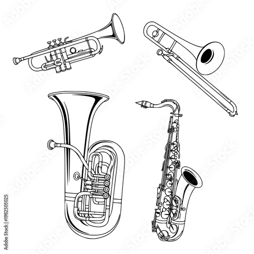 A drawing of four musical instruments including a trumpet a trombone a saxophone and a tuba Vector, illustration