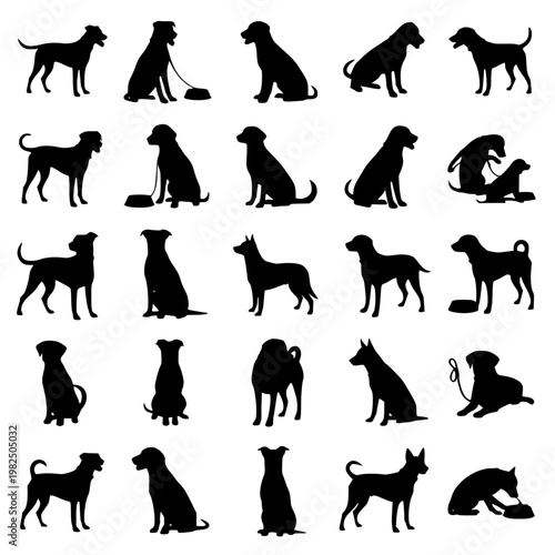 Black silhouettes of dogs in various poses Vector, illustration