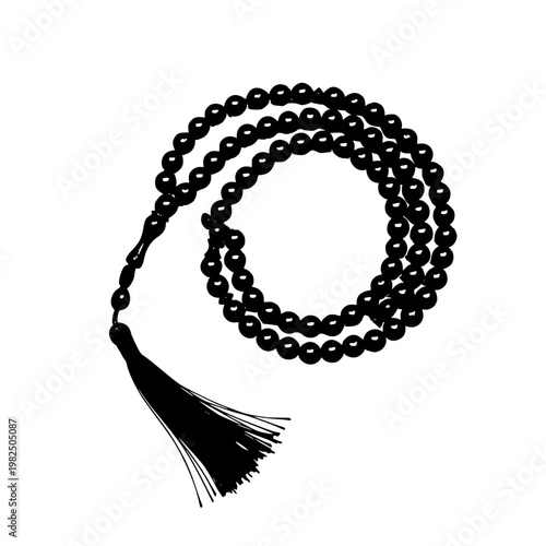 A black beaded necklace with a tassel Vector, illustration