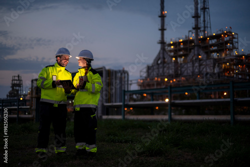 Engineers using digital tablet at industrial refinery night