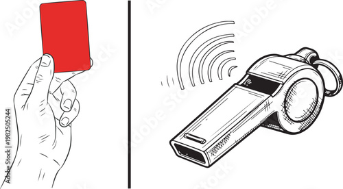 Referee hand holding red card and sports whistle line art illustration for soccer penalty and fair play concept