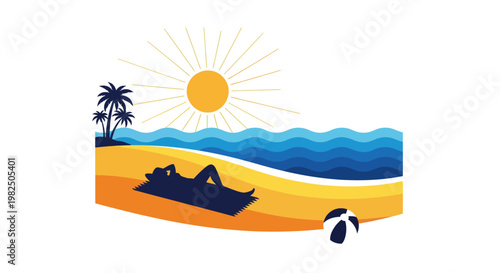 Minimalist illustration of a person relaxing on a tropical summer beach under the sun.