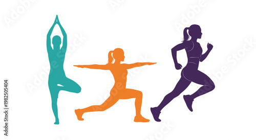 Silhouettes of women doing yoga and running
