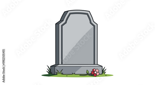 Blank cartoon tombstone with a single red flower, vector illustration.