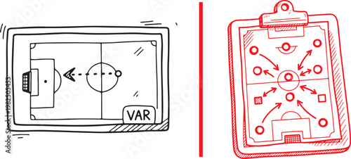 Soccer tactics clipboard and VAR monitor screen hand drawn doodle illustration for sports coaching and analysis