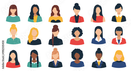 Set of diverse female avatars with different hairstyles and outfits