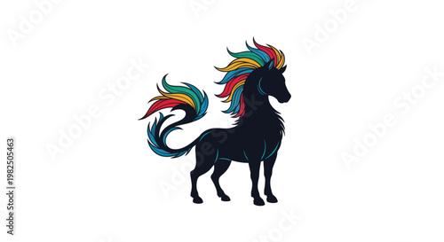Stylized silhouette of a black horse with a vibrant rainbow mane and tail.
