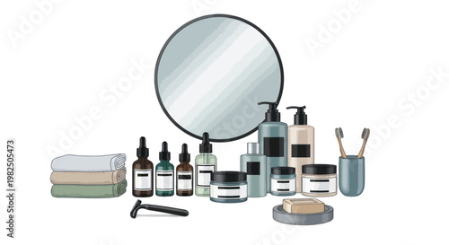 Collection of bathroom and personal care items arranged neatly.