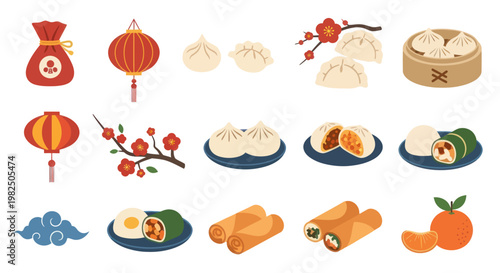 Billede på lærred Collection of Asian food and decoration icons