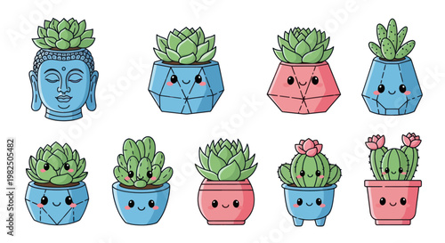 Set of adorable kawaii succulents and cacti in cute pots on white background.