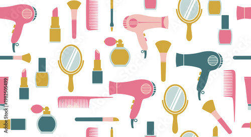 Seamless Pattern with Beauty Products and Hair Styling Tools on White Background