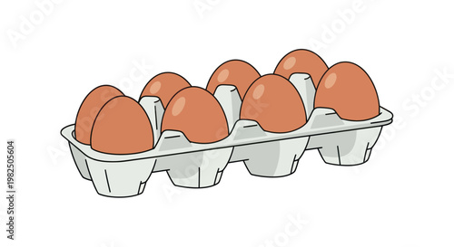 Eight brown eggs in a white carton illustration