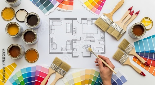 Home renovation planning with paint brushes color palettes and blueprints