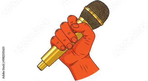 A vibrant pop art hand powerfully grips a golden microphone.