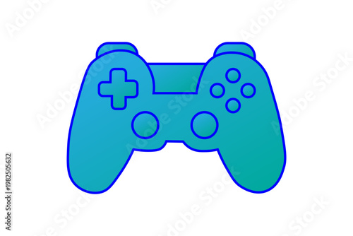 The image depicts a gamepad icon rendered in a vibrant teal and blue gradient. It is outlined with a bold, dark blue stroke that gives it a clear, cartoonish, or "vector art" aesthetic.