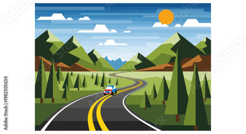 A car drives along a winding mountain road under a sunny sky in a flat design landscape.