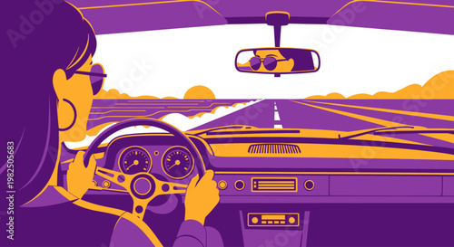 Woman driving a car on a road trip at sunset