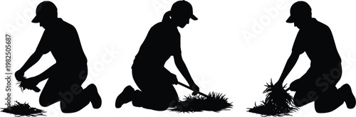 Gardener planting seedlings silhouettes set, agriculture work vector illustration for farming design