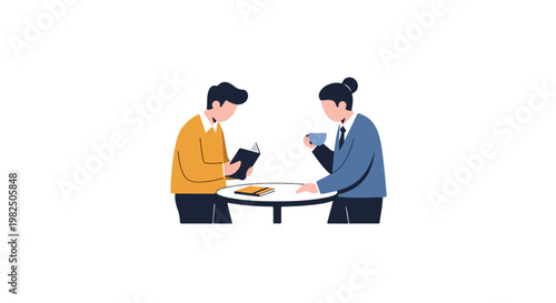 Two young professionals sit at a white table, one reading a book and the other holding a coffee cup during a meeting or study session.