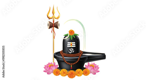 Sacred Shiva Lingam with Trishul Om Symbol and Flowers for Hindu Devotion Worship and Maha Shivaratri Festival