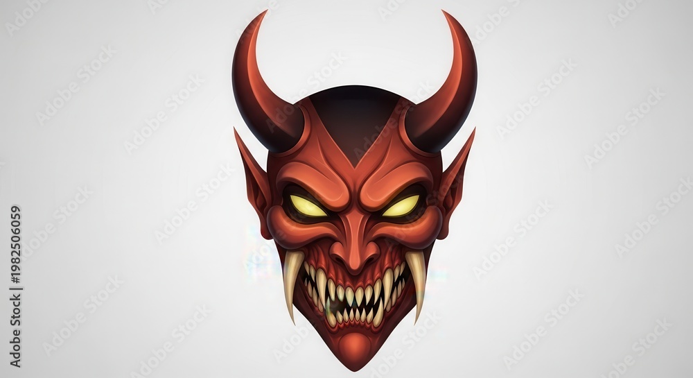 Obraz premium Intensely menacing red horned creature face with sharp fangs and glowing yellow eyes