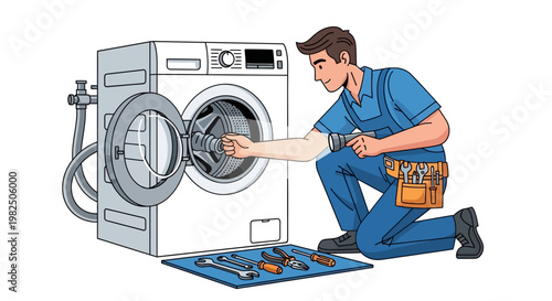 Illustration of a repairman in blue uniform kneeling to fix a white washing machine with tools laid out in front, set against a clean background in a flat, cartoon style that conveys
