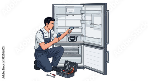 An illustration depicts a repairman in a blue uniform kneeling and fixing a refrigerator, using tools in a bright, well-lit setting against a clean white background with a focus on home
