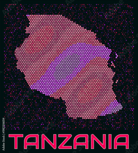 Tanzania digital style hexagon map. Vibrant magenta purple pink neon dotted shape. Country tiny bright hexagon cells. Tanzania honeycomb map design. Awesome Vector Illustration.